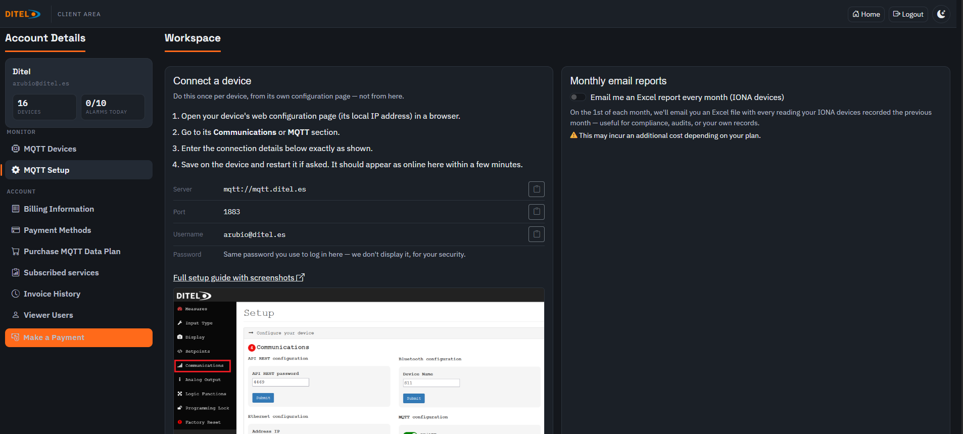 Pantalla de configuración MQTT de dispositivo