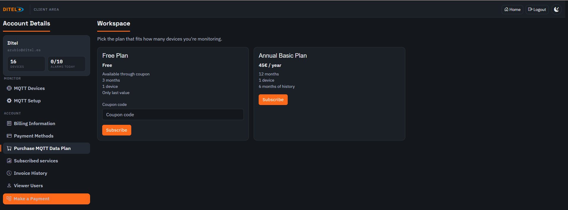 Pantalla de selección de planes MQTT