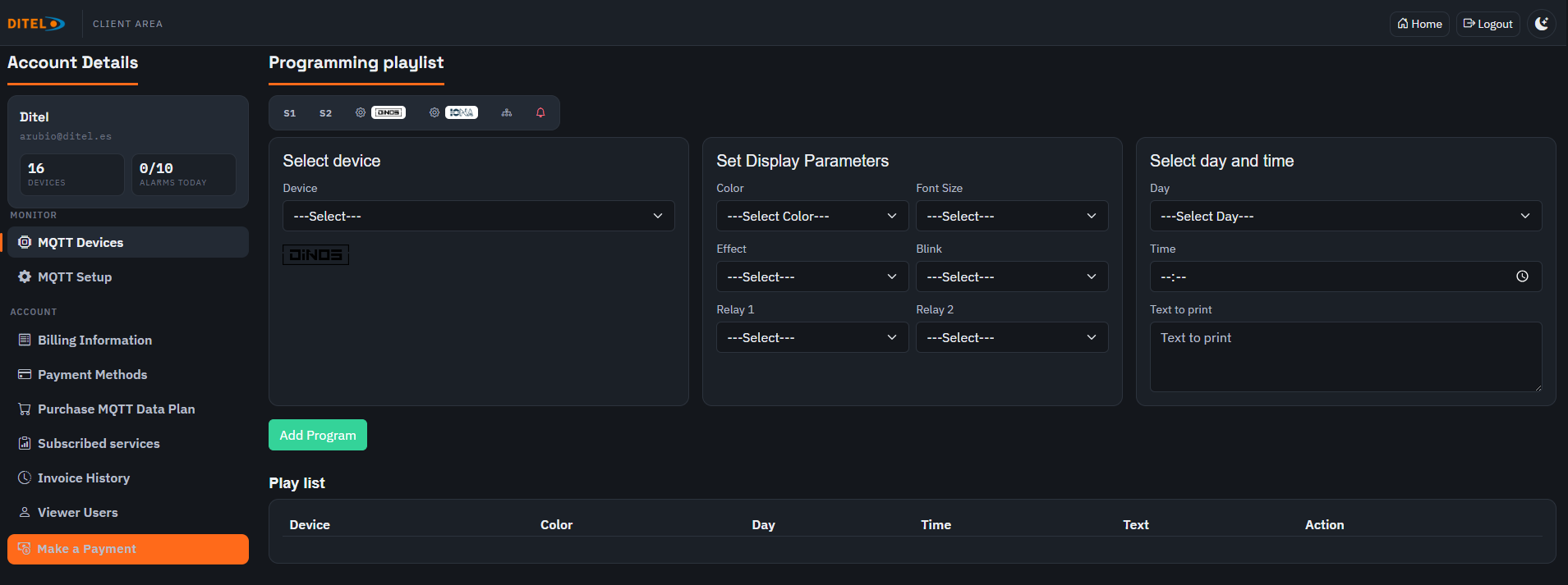 Pantalla de programación de mensajes DINOS